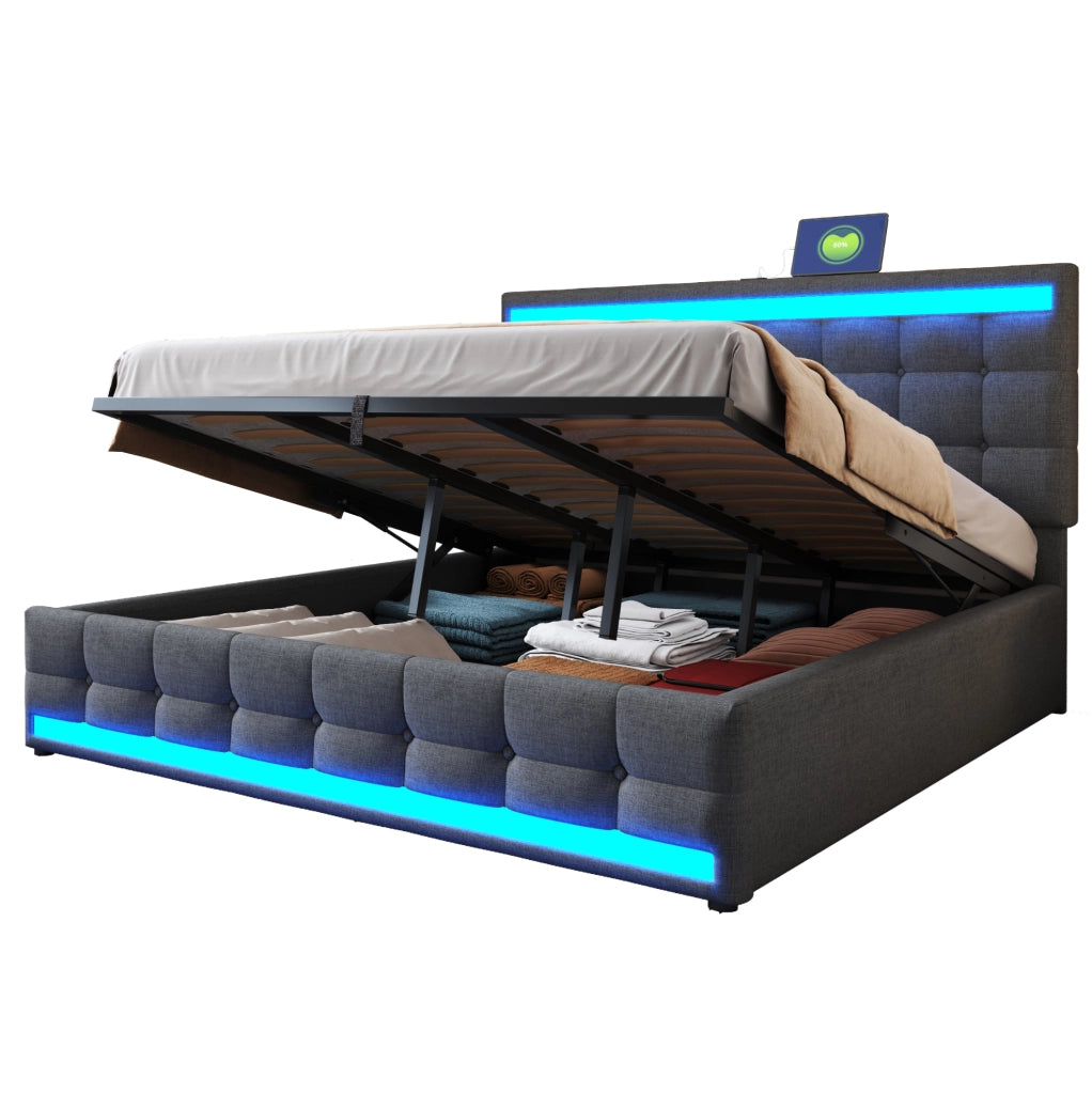 Letto imbottito 180x200 cm con LED RGB e USB; stoffa grigio