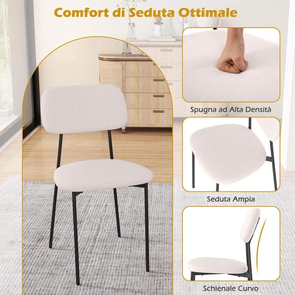 Set di 4 Sedie da Pranzo, Sedie da Cucina in Tessuto Lino con Gambe in Metallo, Sedile Imbottito in Cotone e Schienale Curvo, Sedia senza Braccioli per Sala da Pranzo, Soggiorno e Ufficio