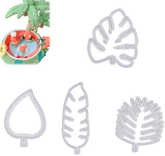 Set di forme a biscotto - 4 pezzi forme fogli - Materiale in plastica alimentare - Trattamento antiscivolo - Riciclabile - Resistente al lavaggio in lavastoviglie - Ideale per decorazioni tropicali - Forme a punta