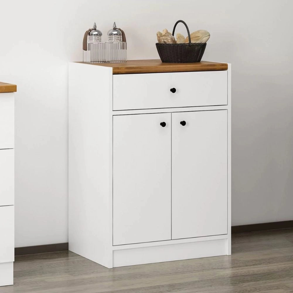 Mobile multiuso Viola con 2 ante e 1 cassetto 64x45x90H – Bianco con Top rovere scuro