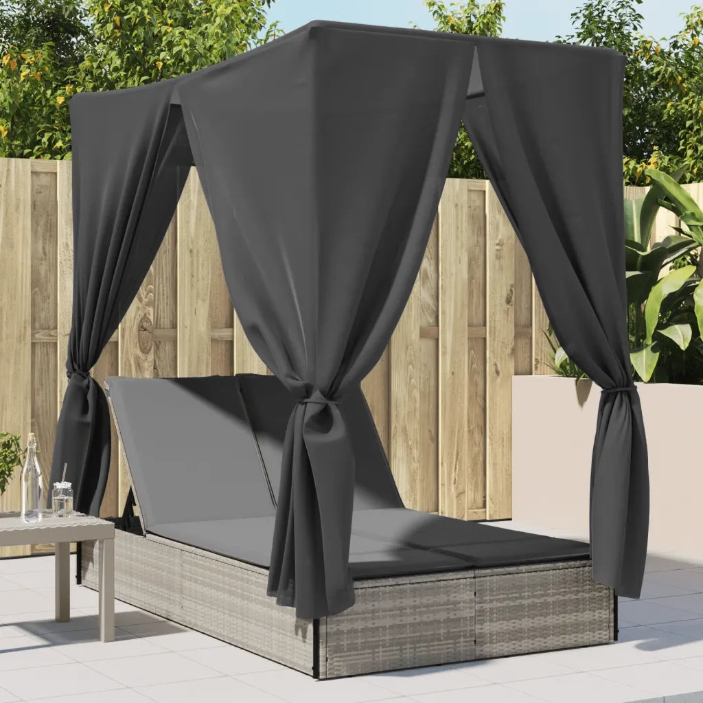 Lettino Prendisole Tetto e Tende Grigio Chiaro in Polyrattan 368077