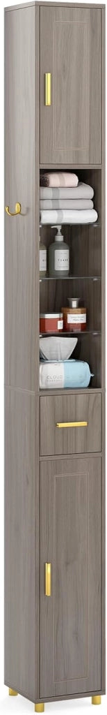 Colonna Bagno Alta, Ripiano in Vetro Temperato, Luce a 3 Colori, Piccolo Mobile di Stoccaggio Bagno, 2 Ante, 1 Cassetto, per Soggiorno, Ufficio, 20 x 20 x 181 cm(4Ripiano-2, Grigio)