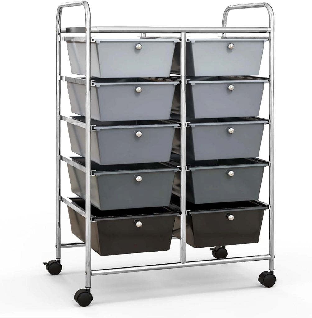Carrello con 10 cassetti, impilabile, carrello per cassetti, carrello da cucina con ruote bloccabili, carrello per cucina, bagno, ufficio, 65,5 x 37 x 87 cm, grigio chiaro e nero