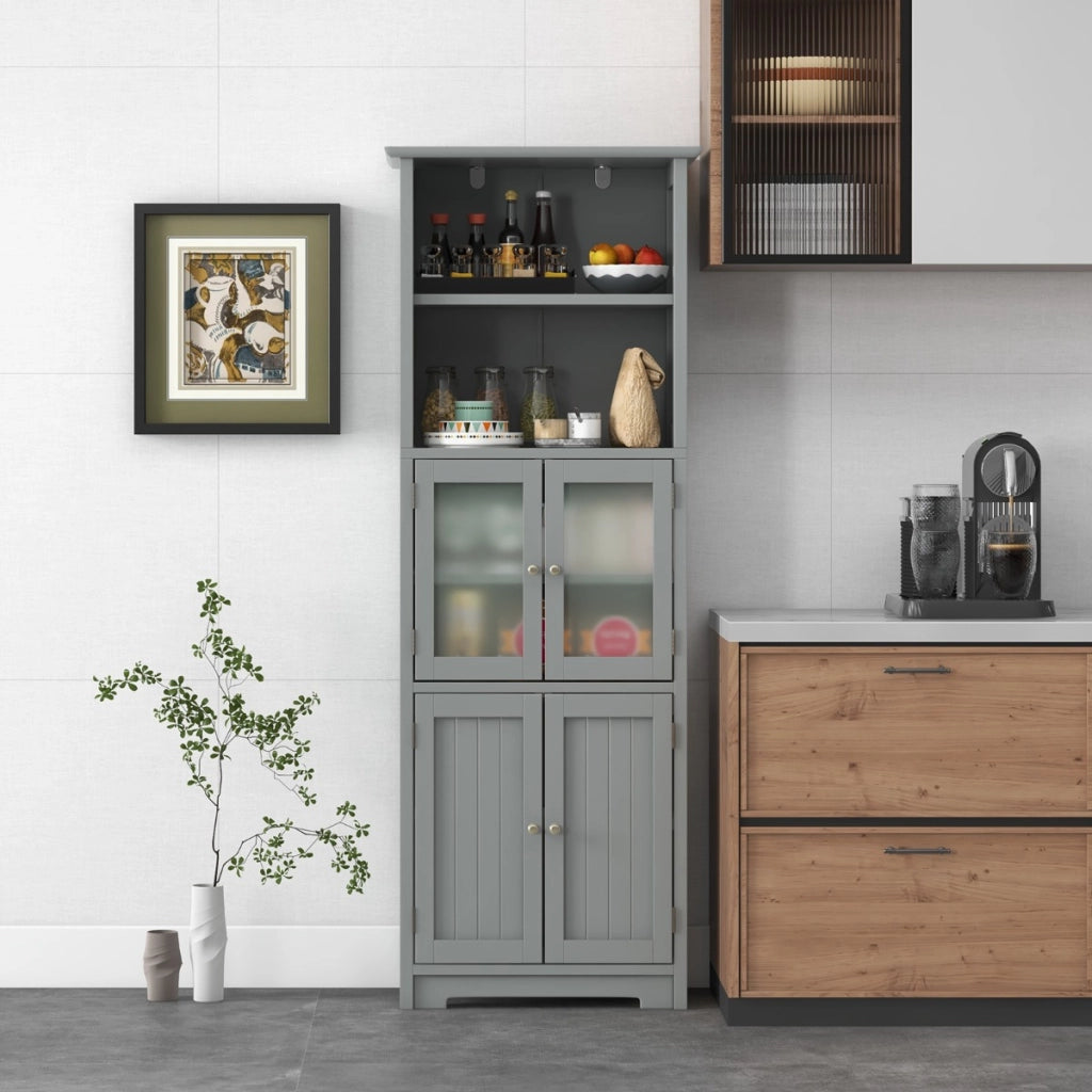 Armadio 163cm con 2 armadietti scomparti aperti ripiani regolabili ante in vetro-Buffet Organizzatore da pavimento Grigio