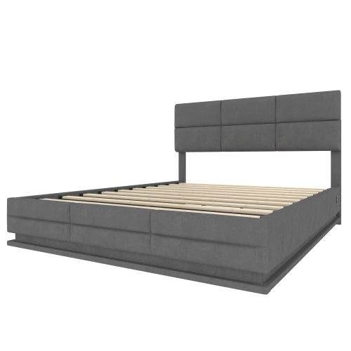 Letto imbottito in velluto 140x200 grigio; testiera regolabile; USB/Type-C; LED; vano idraulico