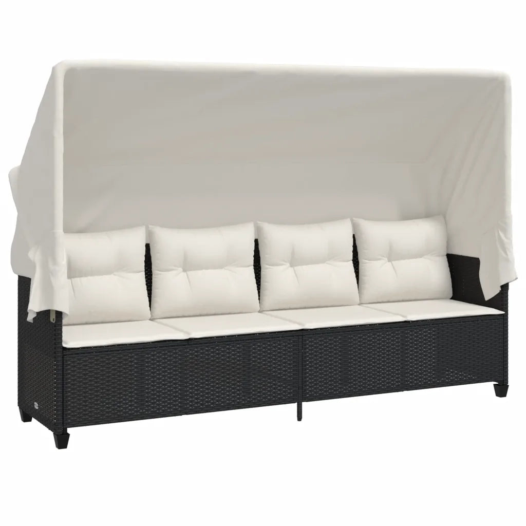 Lettino Prendisole | Sdraio da giardino | Lettino da sole con Baldacchino e Cuscini Nero?Polyrattan