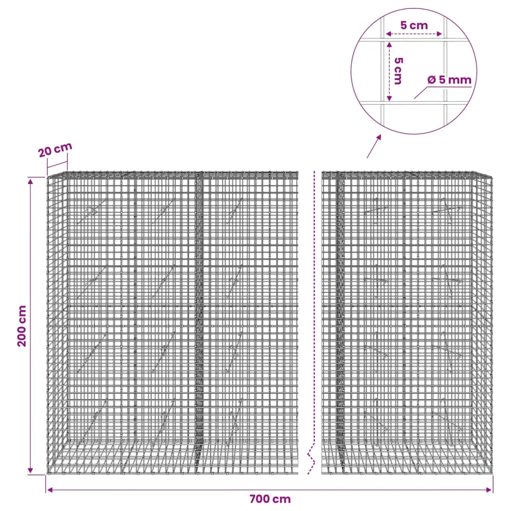 Gabione con filo da 5 mm e rete da 5x5 cm 700x20x200 cm 3464120