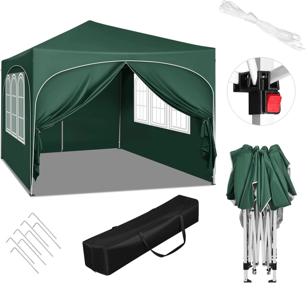 Gazebo Pieghevole da Giardino, Gazebo Idrorepellente Pop Up da 3x3m Pannelli Laterali, Tendone Esterno, Altezza Regolabile, Protezione UV, con Custodia Verde