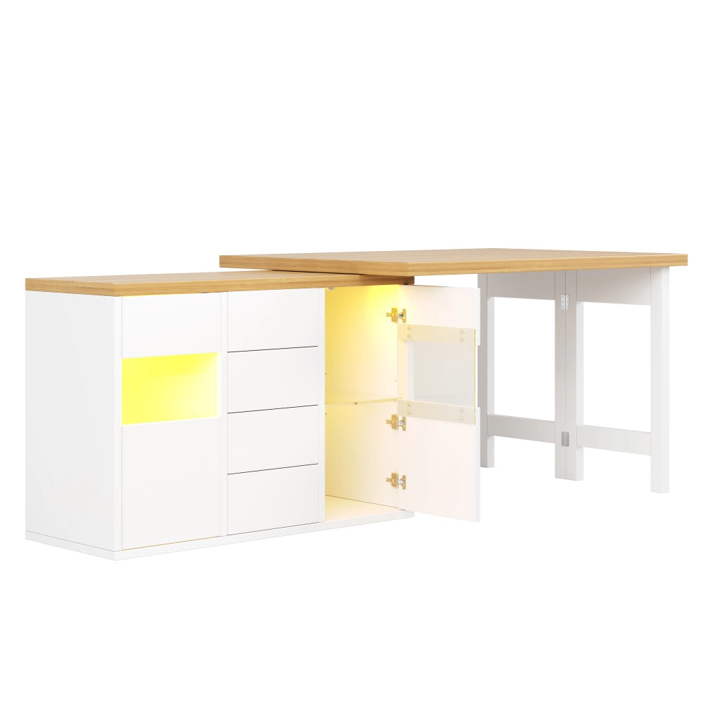 Isola cucina girevole 120-197 cm con LED RGB, 4 cassetti e ante in vetro, bianco