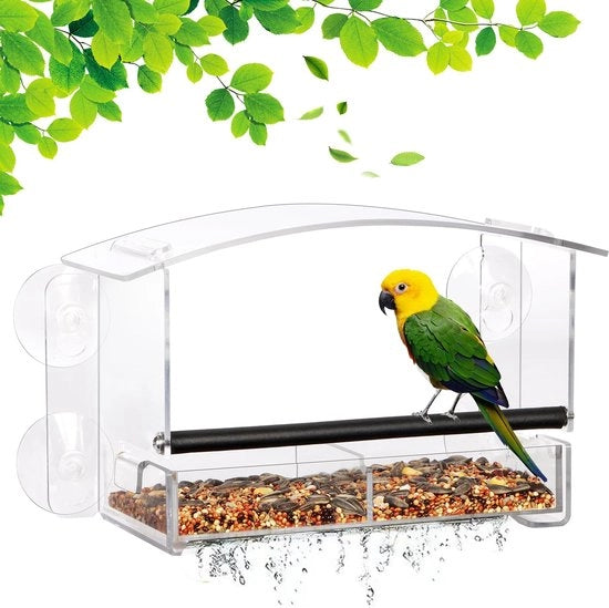 Casa alimentatore per uccelli in plastica acrilica con fori di drenaggio e ciotola per semi rimovibile, Casa alimentatore per uccelli con morsetti forti, Casa alimentatore per uccelli per giardino