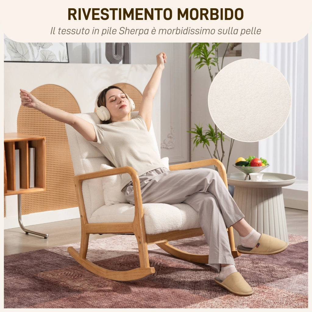 Poltrona a Dondolo 90°-130° 64,5x82x89 cm con Cuscino Lombare in Tessuto Sherpa Bianco