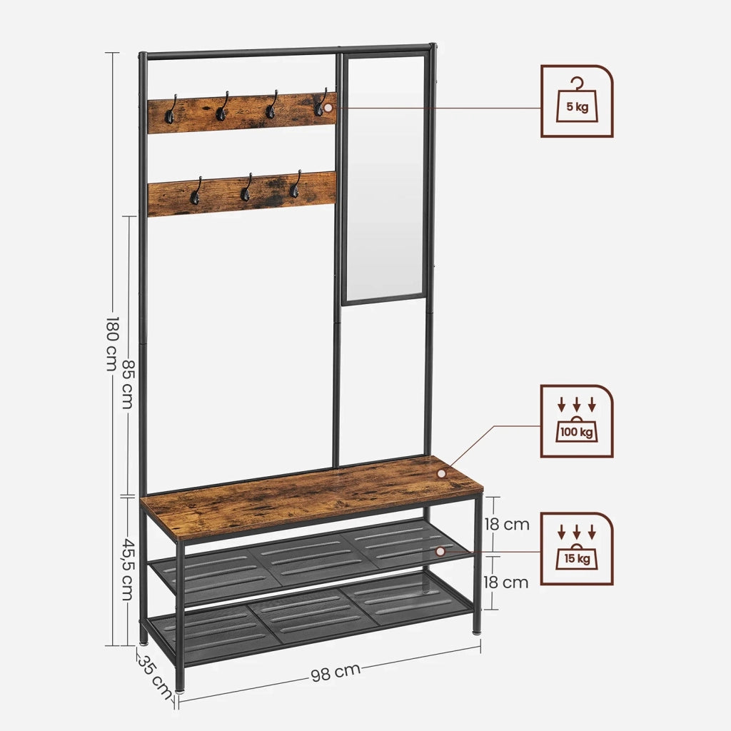 Mobile da ingresso con ganci specchio panca e scarpiera appendiabiti guardaroba 35 x 98 x 180 cm corridoio camera da letto soggiorno stile industriale marrone 12_0006388