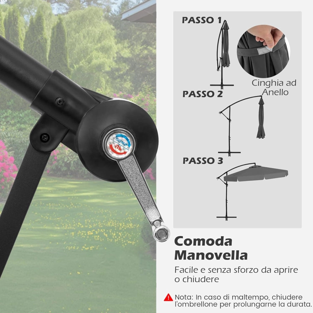 Ombrellone da Giardino 290 cm a Braccio | Inclinazione Regolabile, Manovella, 8 Stecche, Telo Solare, Copertura Inclusa
