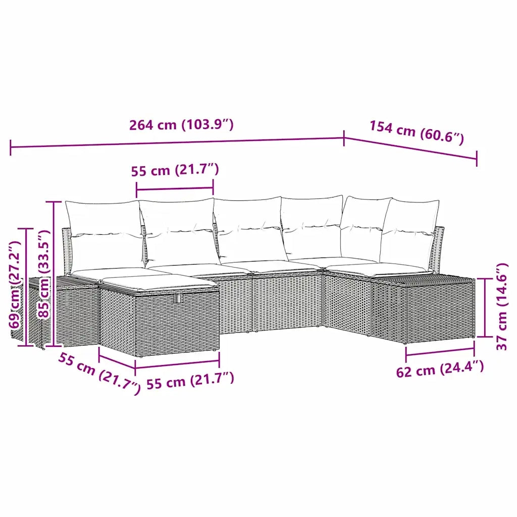 Set Divano da Giardino con cuscino 6 pcs Nero polyrattan 3359376