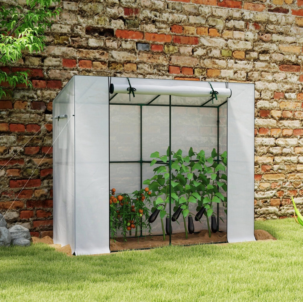Serra addossata in acciaio con copertura UV e porta avvolgibile 200 x 76 x 170 cm
