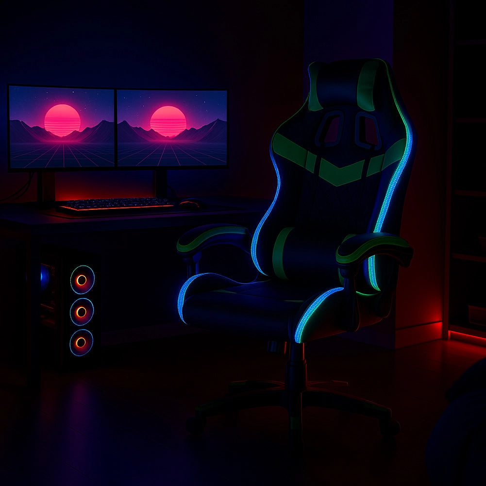 Sedia da Gaming con Led RGB Altezza Regolabile 106-116 cm in Pelle PU Verde e Nero