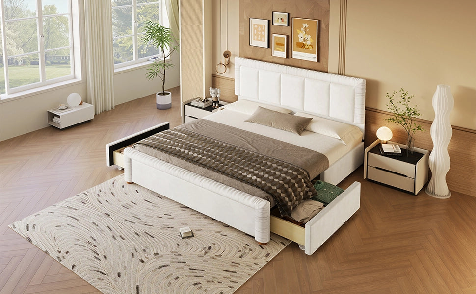 Letto imbottito 180x200 in velluto francese beige con 2 cassetti