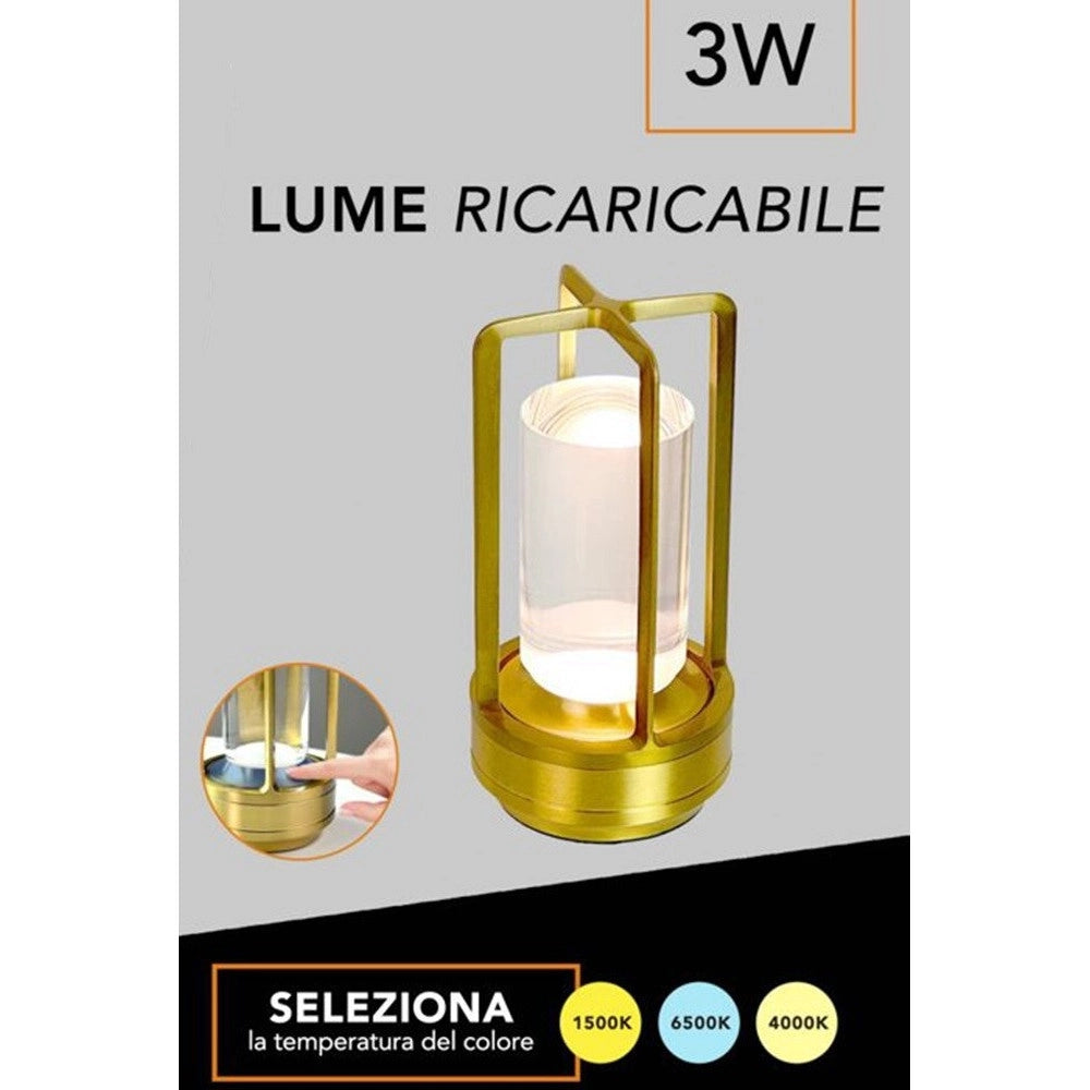Trade Shop - Lampada A Led Da Tavolo 3 Watt Lanterna Lume Ricaricabile Touch Dimmerabile Cct D37-3c - Oro