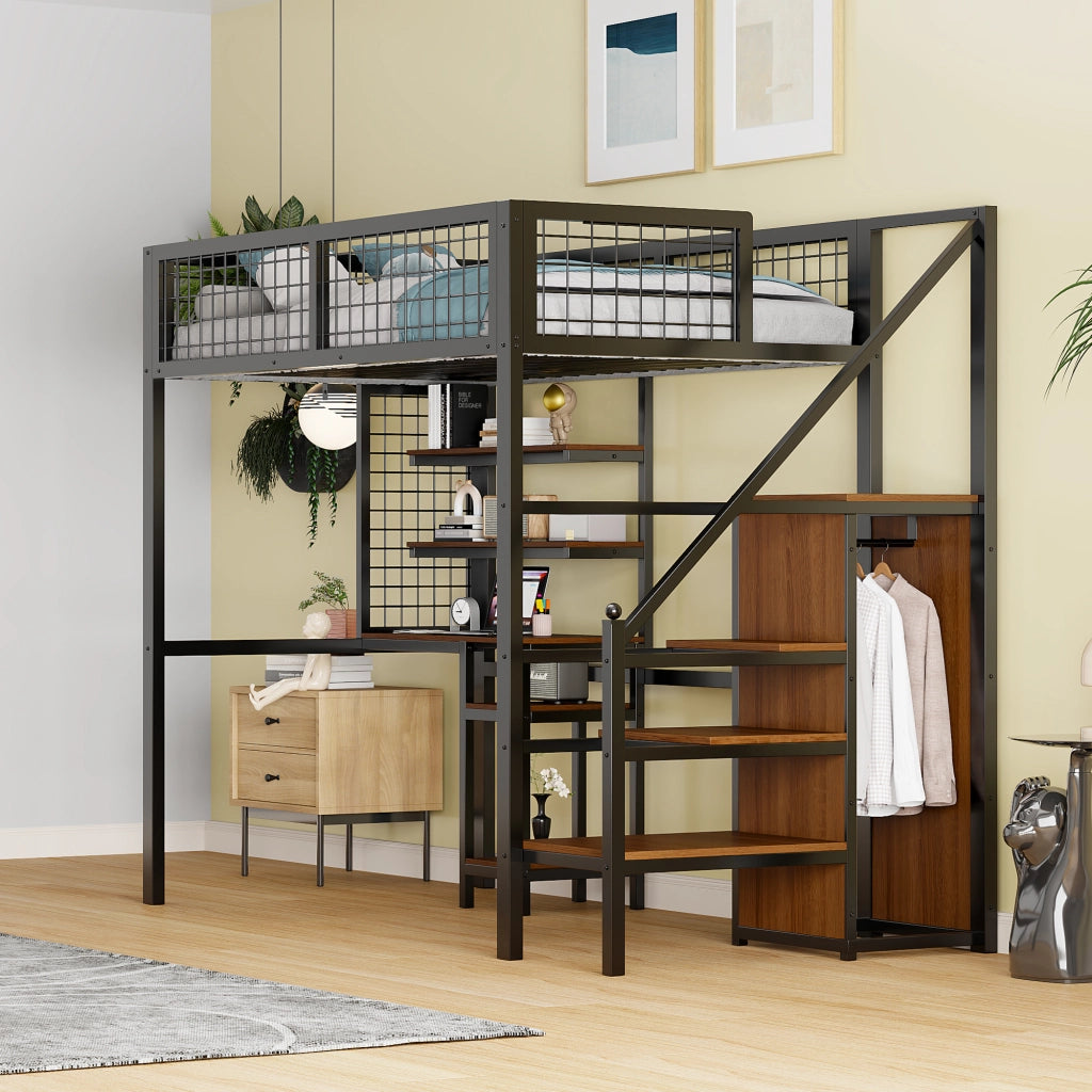 Letto a soppalco 90x200 cm con scrivania; armadio e scala di sicurezza nero