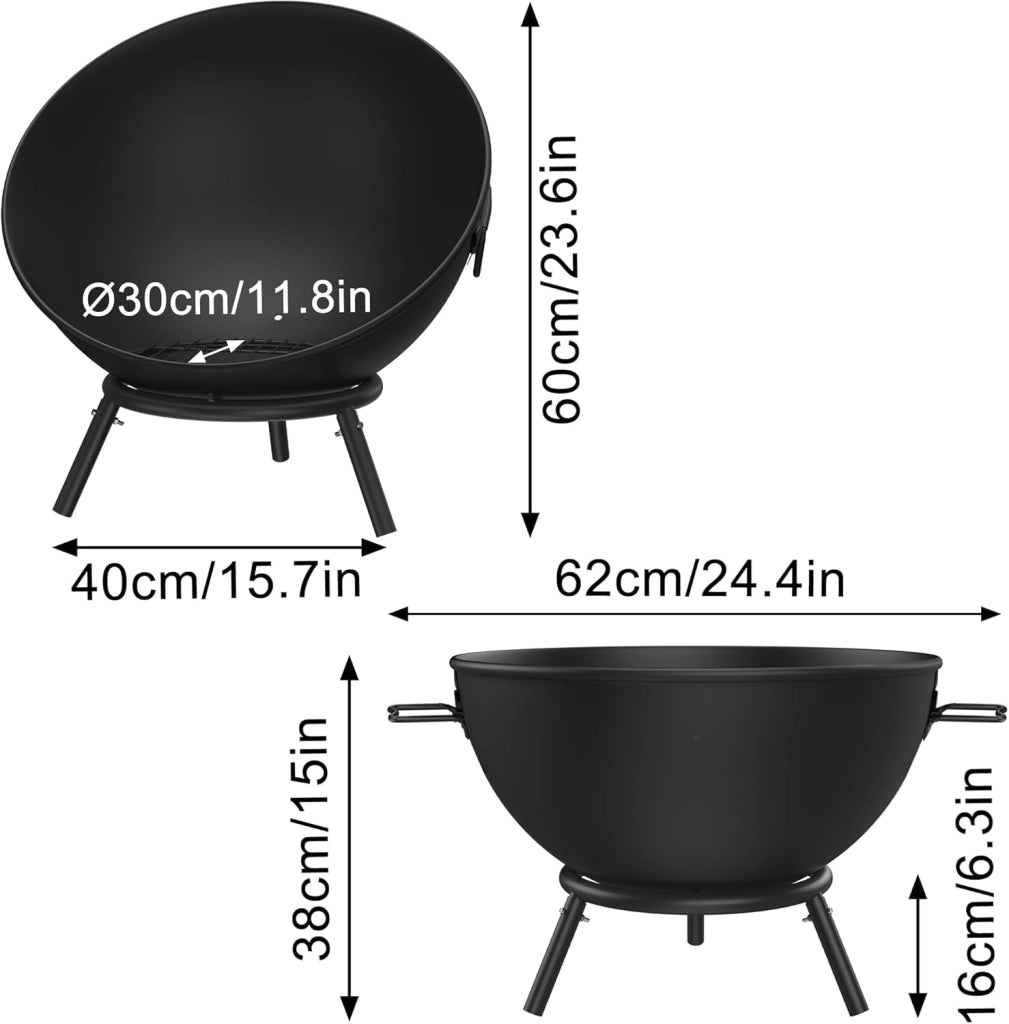 Braciere da 62 cm, braciere da giardino con griglia e morsetto a carbone, in metallo, per barbecue, campeggio