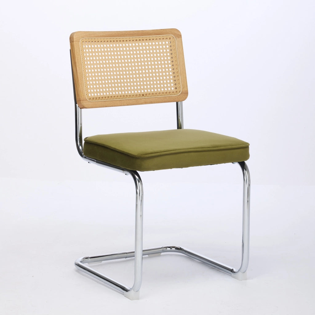 Sedia da pranzo moderna - Zephmum- Set di 2, schienale in rattan, base cromata, verde oliva