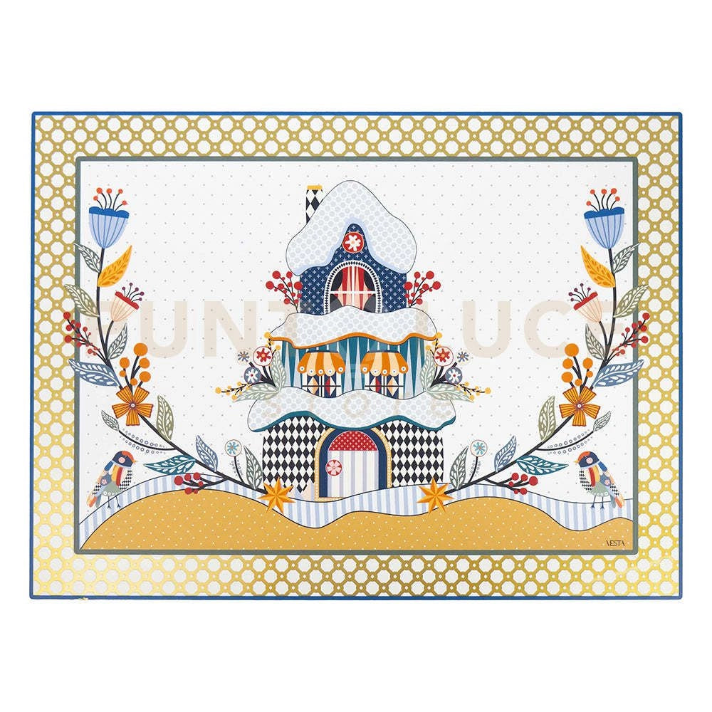 SET 2 TOVAGLIETTE RIGIDE NATALIZIE IN CRISTALLO ACRILICO DECORATO DISEGNO CASETTA