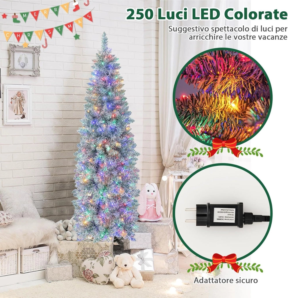 Albero di Natale Slim 150/180 cm, Albero con 190/250 Luci LED Colorate, Base in Metallo Pieghevole, Per Casa e Ufficio (180 cm)