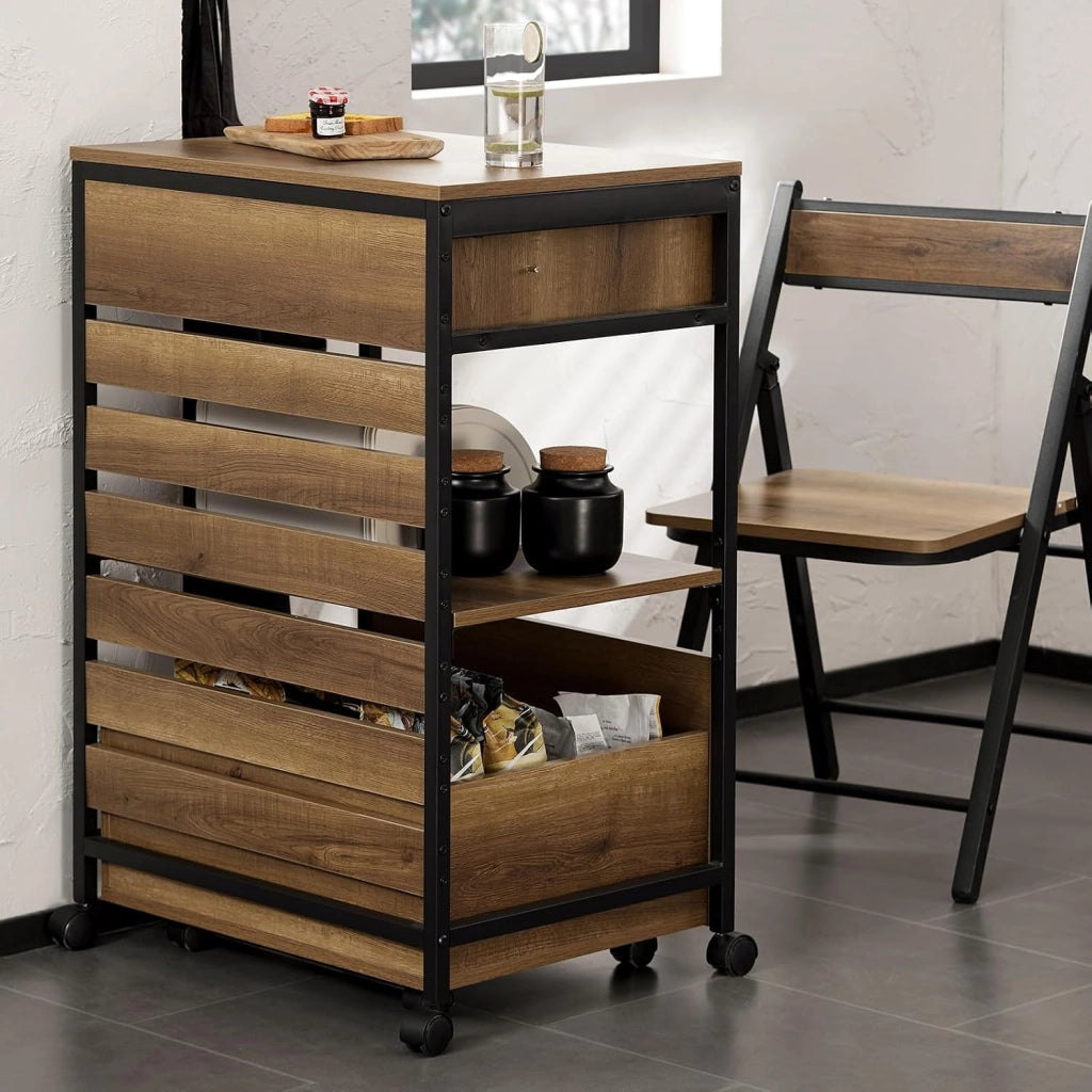 Carrello da cucina con cassa contenitore rimovibile, carrello su ruote/serving cart/bar cart stile vintage, LxAxP ca. 60×90×45 cm FKW118-PF