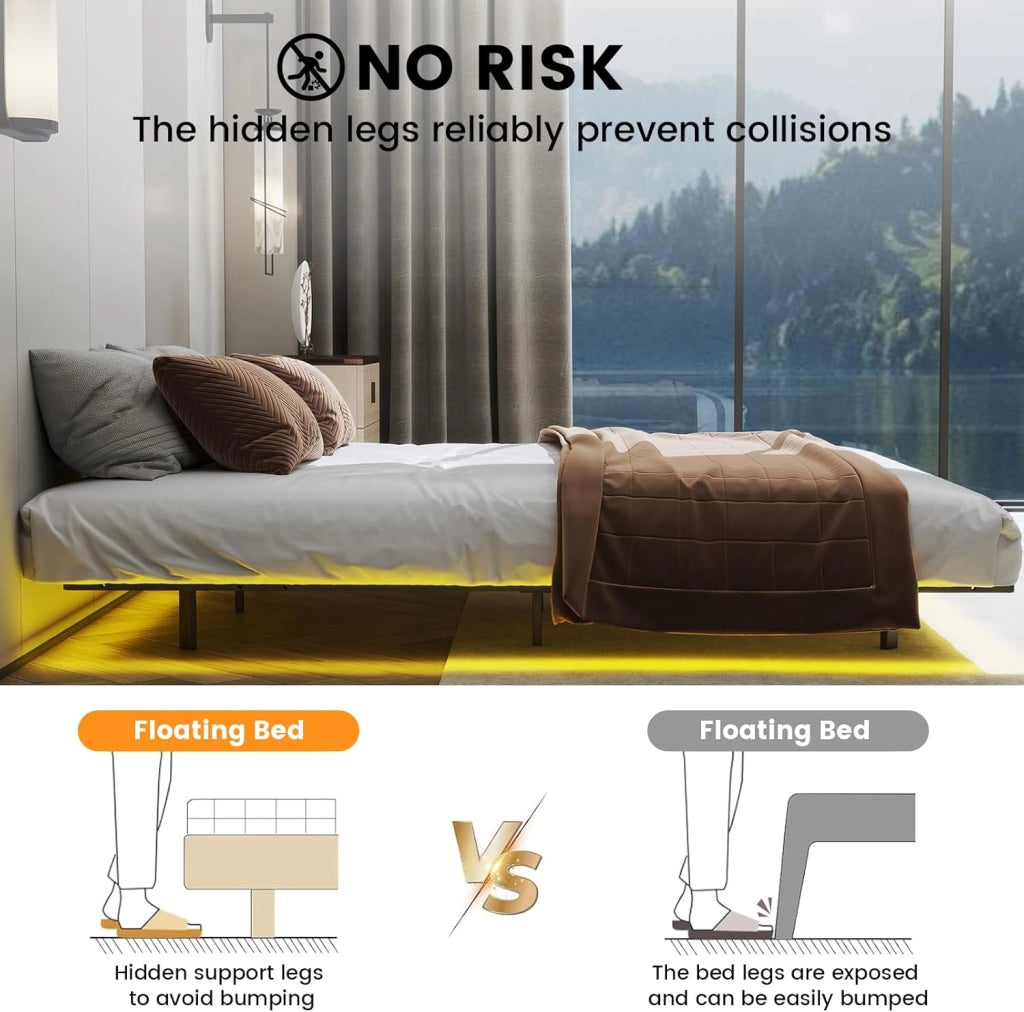 Telaio letto in metallo, letto per ospiti in metallo, con LED e prese, letto per ragazzi 90 x 200, app e telecomando, struttura stabile con rete a doghe