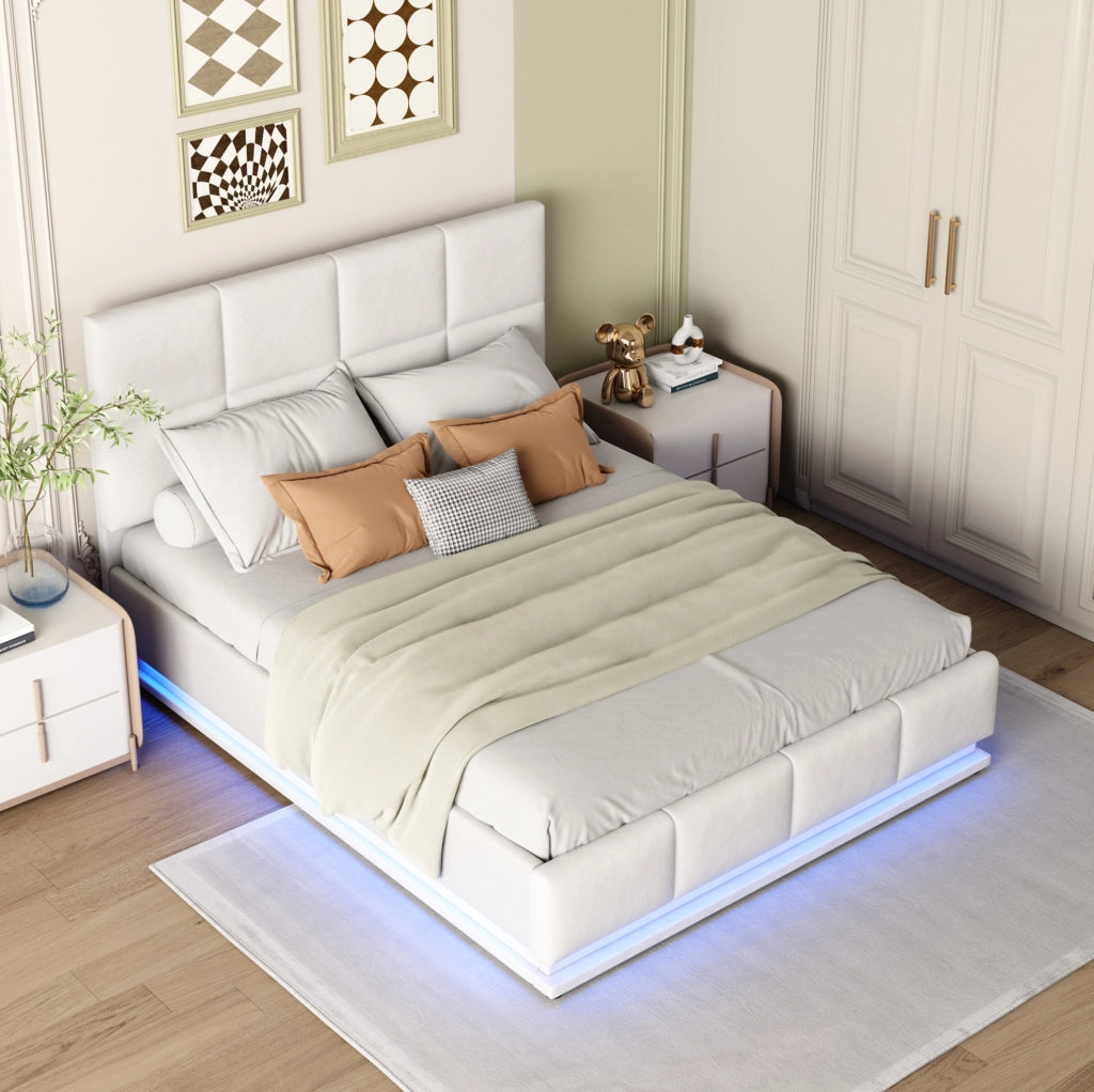 Letto imbottito 140x200 cm con LED e contenitore idraulico in MDF; metallo e pelle