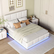 Letto imbottito 140x200 cm con LED e contenitore idraulico in MDF; metallo e pelle