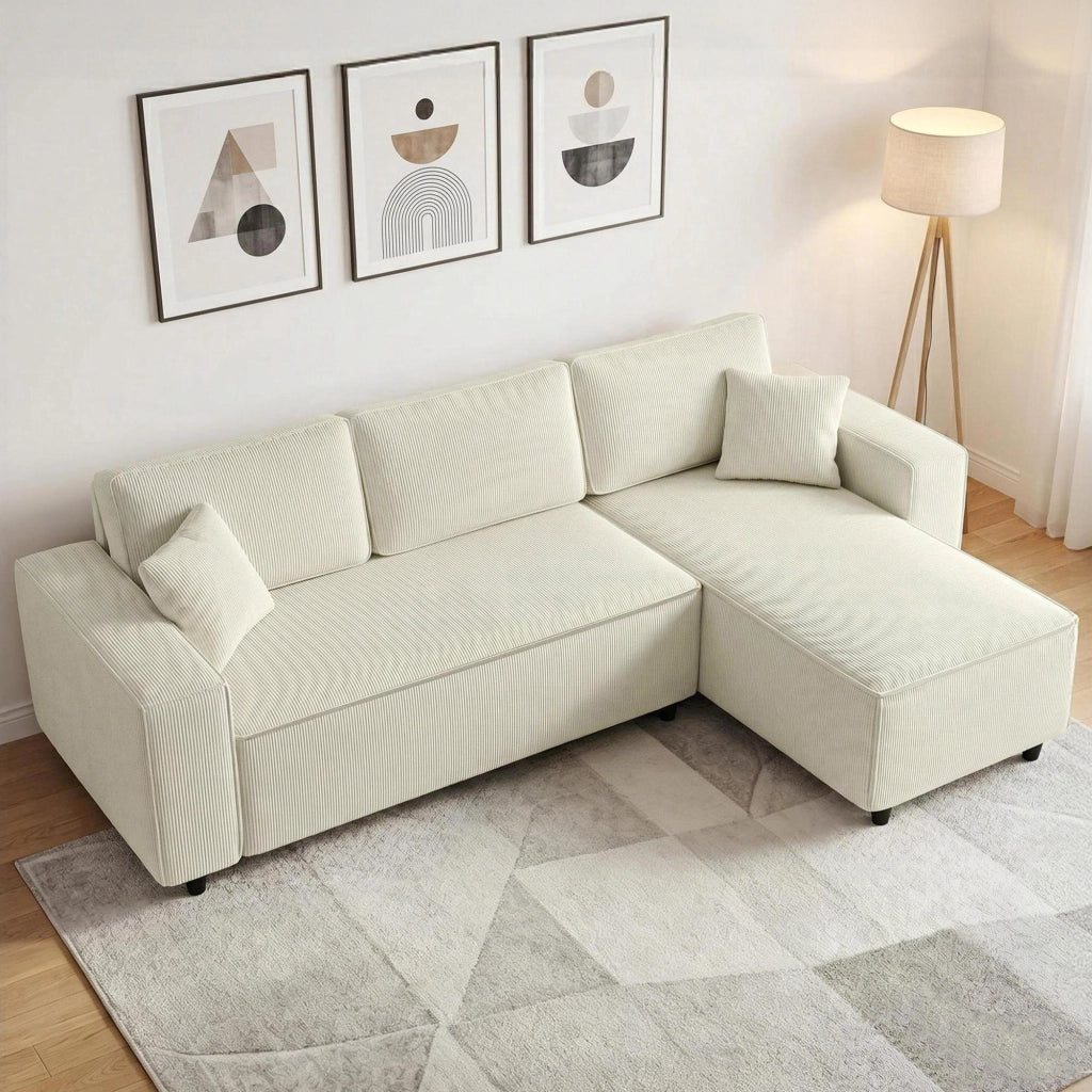 Divano Angolare 3 Posti in Tessuto Velluto ¨C Zephmum ¨C Bianco Crema 241x153x83