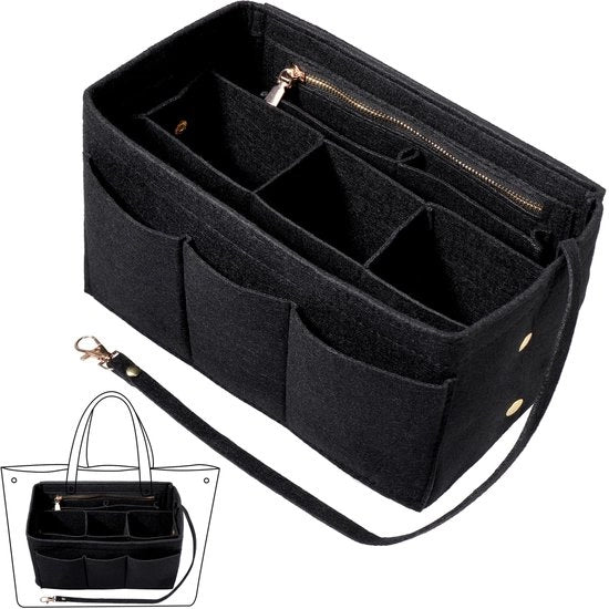Organizzatore per borse con più compartimenti, tazza organizzatrice con chiusura a rittens, borsa organizzatrice duratura con tasche interne per borse da mano (30 x 17 x 16 cm, nero)