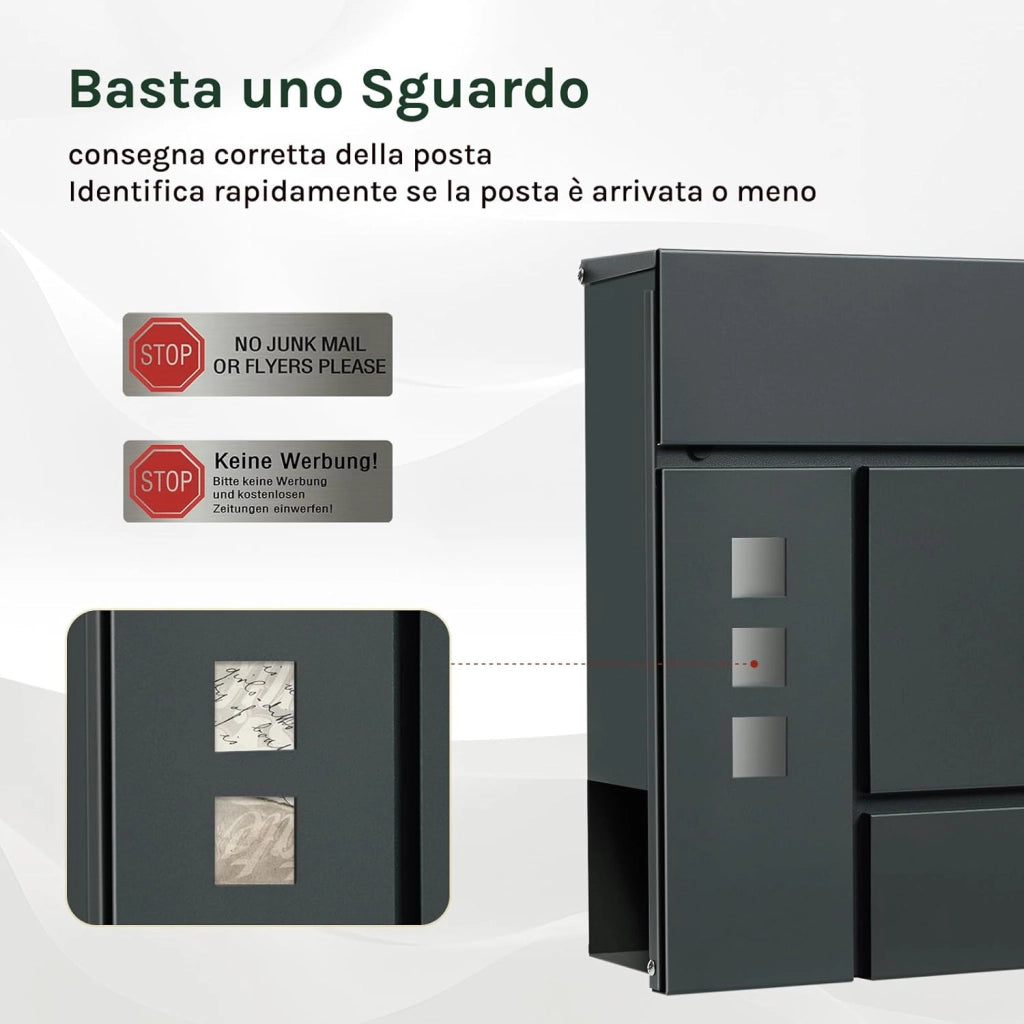 Cassetta per Lettere, con Serratura, Finestre di Visualizzazione, Fessura 33,8x3 cm, Coperchio Incernierato, Scomparto per Giornali, 37x10,5x37 cm, Antracite