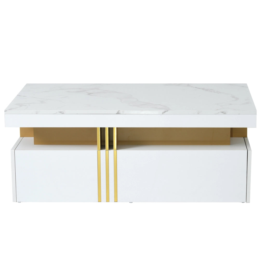 Tavolino da caffè rettangolare con 2 cassetti; piano lucido effetto marmo e bordo laterale in metallo; bianco 100 × 50 × 40 cm