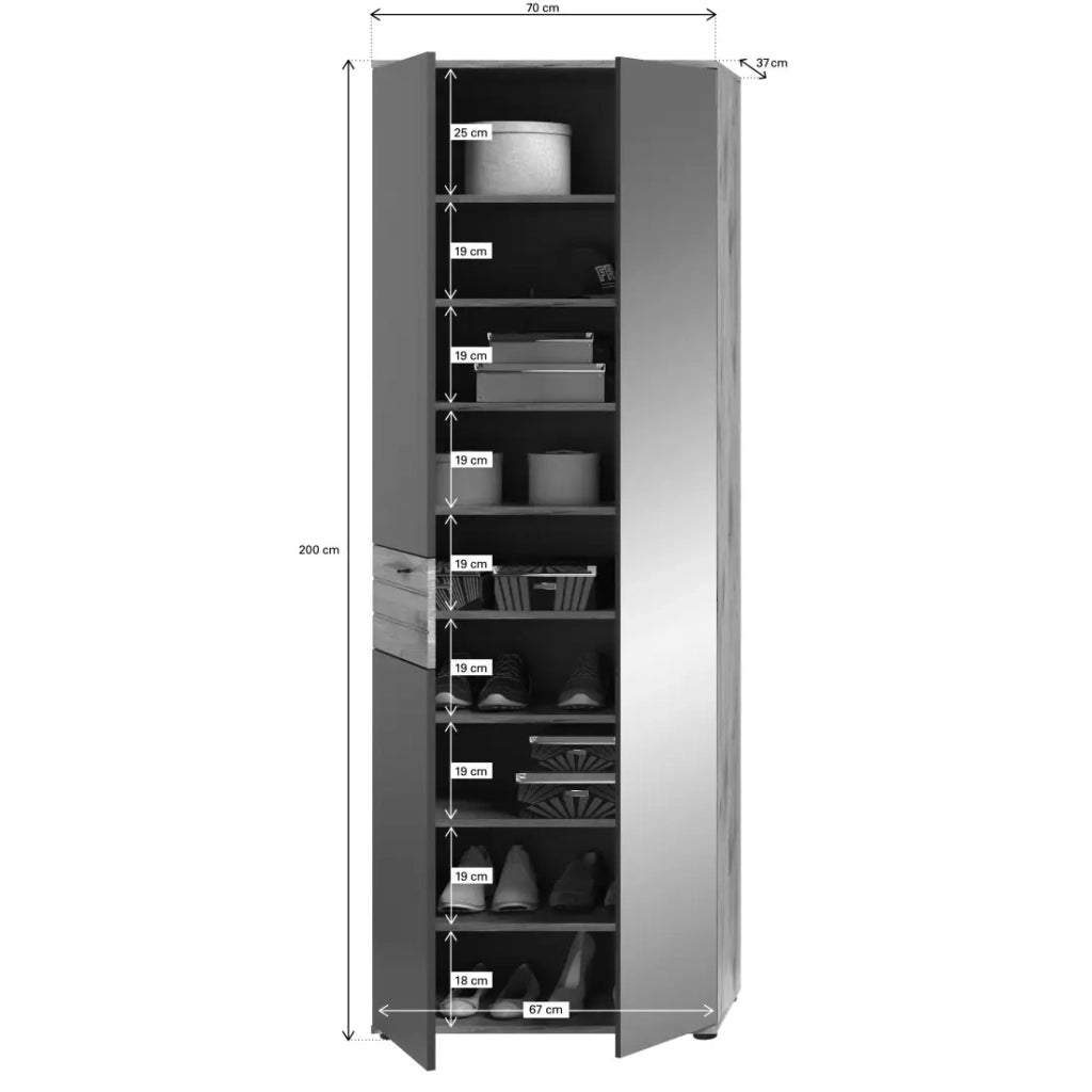 Set di mobili per ingresso: armadio con specchio + mobile per scarpe + specchio - Grigio antracite e rovere chiaro - SELMA