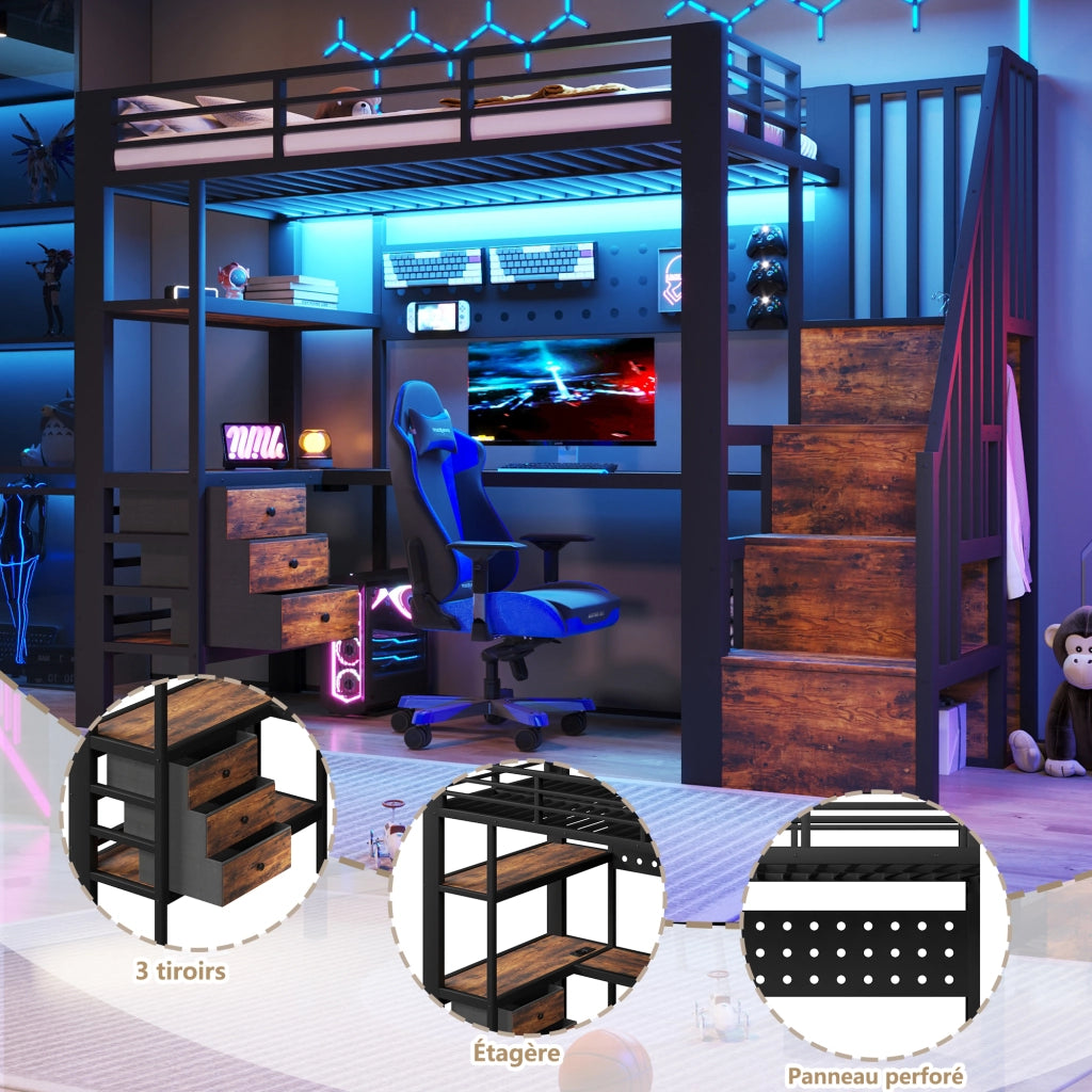 Letto a castello con scrivania a LED 90x200 cm realizzato in MDF nero e metallo