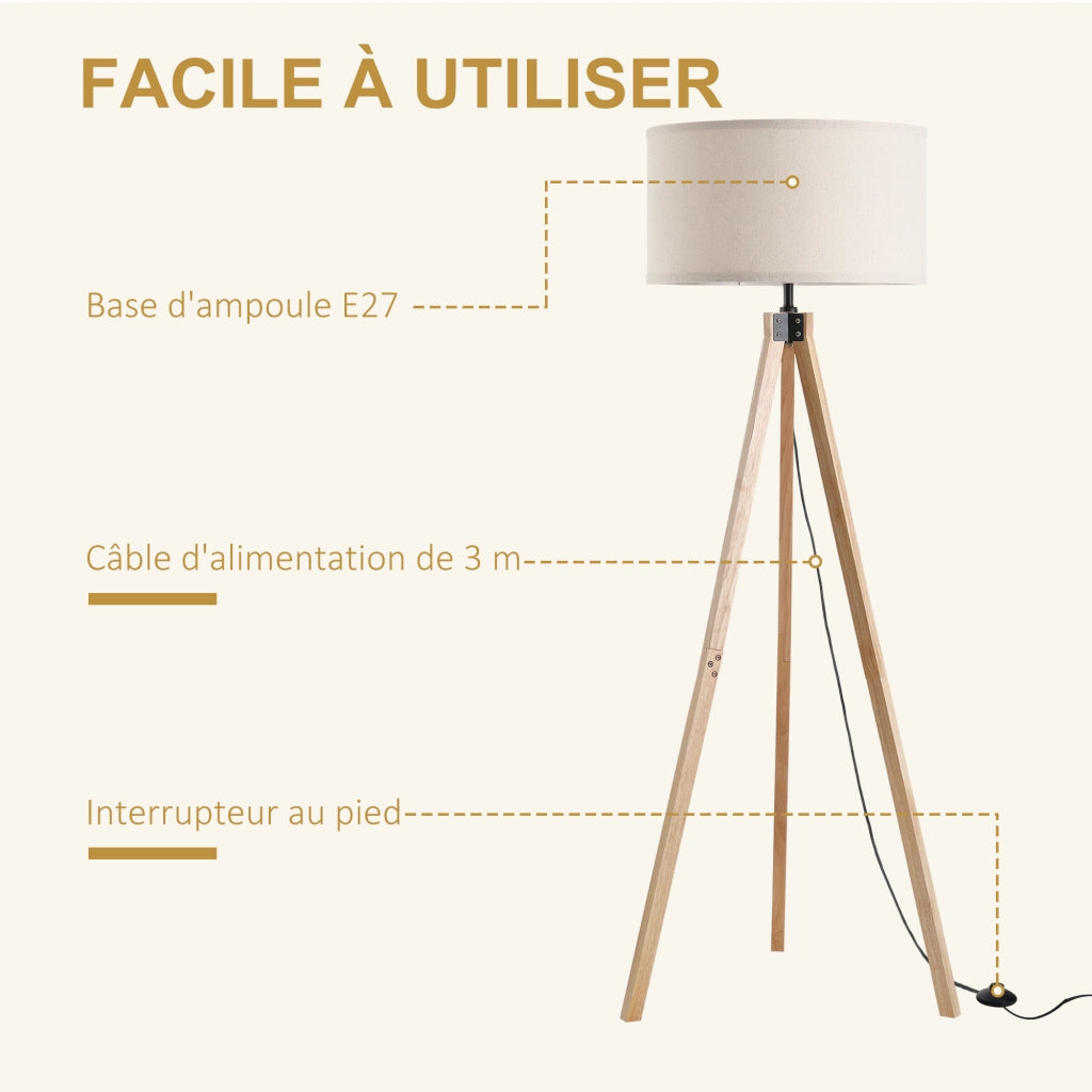 Lampada a Treppiede Stile Scandinavo ¨C zephmum ¨C Legno di Pino Lino Beige 45x45x152 cm