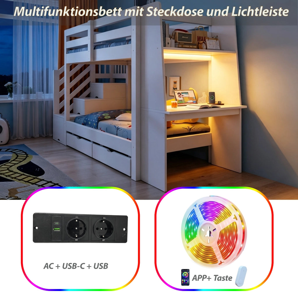 Letto a soppalco 90x200 cm con scrivania; libreria; LED e cassetti; bianco