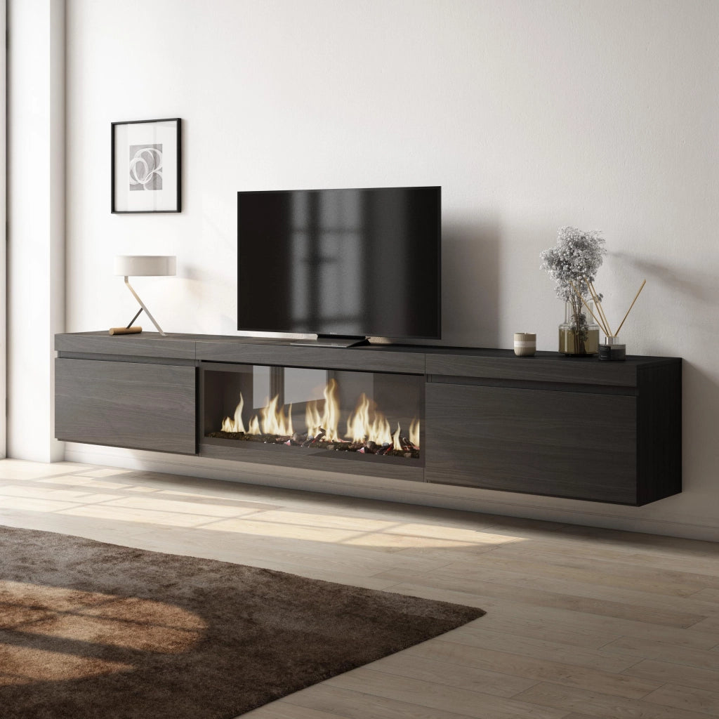 Mobile TV Soggiorno, 267x35x45cm, TV di grande formato, Camino elettrico XXL, da appendere, Nero RF3602