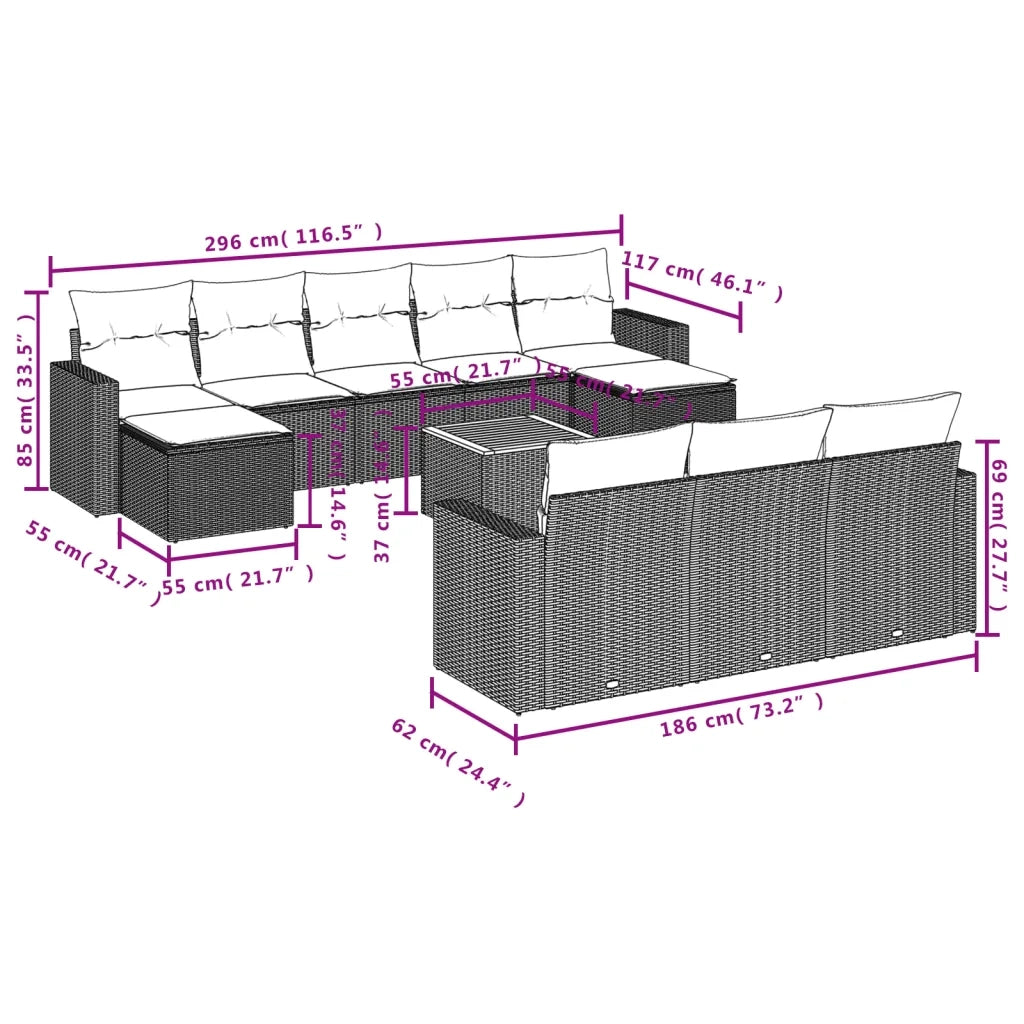 Set Divani da Giardino 11 pz con Cuscini Beige in Polyrattan 3224344