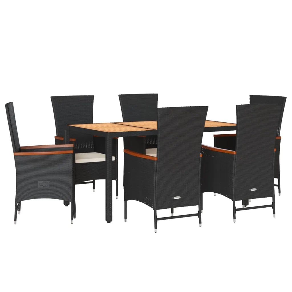 Set da Pranzo da Giardino 7 pz Nero con Cuscini in Polyrattan
