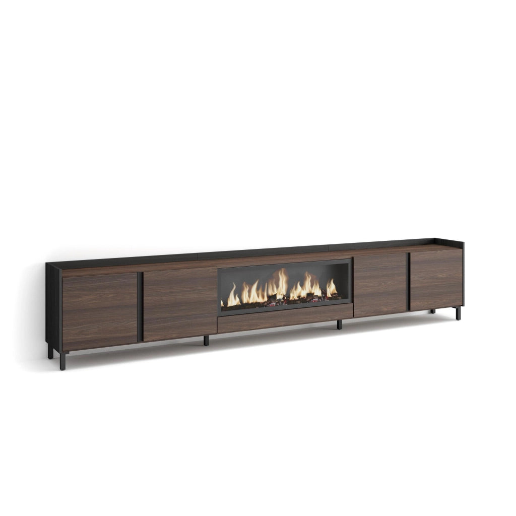 Mobile TV Soggiorno, 315x61x35 cm, Per TV fino a 80", Camino elettrico XXL, Design industriale, Rovere scuro e Nero
