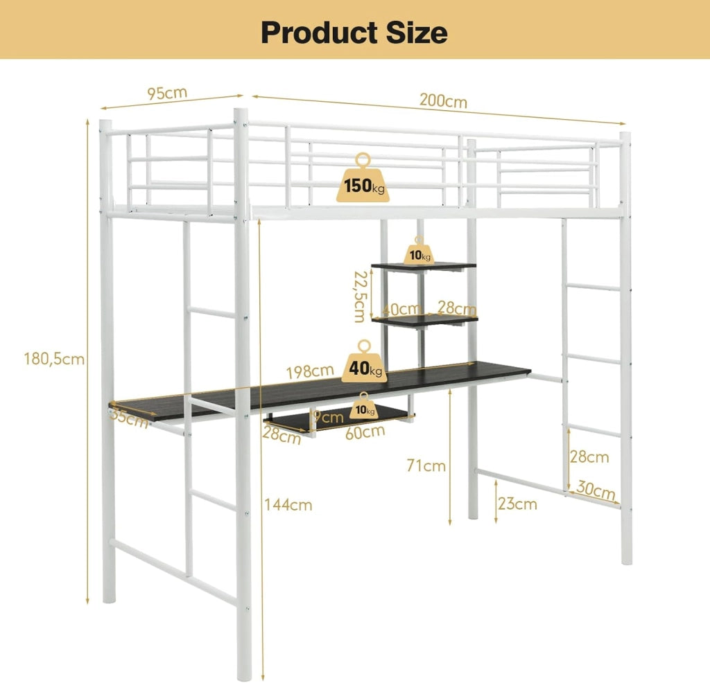 Letto a soppalco con scrivania, 200 x 95 x 180,5 cm, letto a castello con 2 scale e griglia di protezione per bambini, telaio per letto in metallo da 150 kg (bianco)
