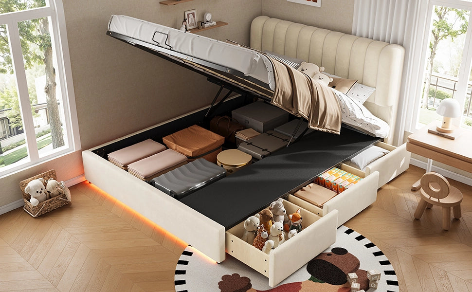 DESMIU letto contenitore bambino 140 × 200 cm 1 posto con 3 cassetti, LED, senza materasso, in velluto beige