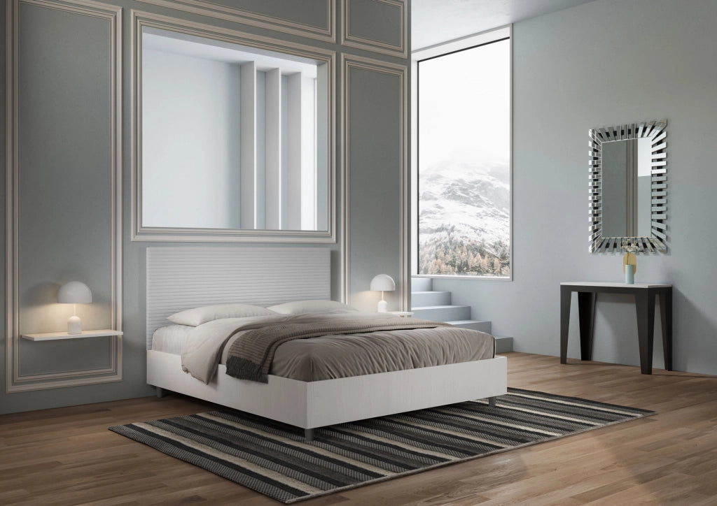BS COM Letto matrimoniale con rete 160x190 bianco frassino testata similpelle bianco