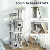 Albero Tiragraffi per Gatti con 2 Casette, Rampa, Trespoli e 4 Palline, 48x40x165 cm, Grigio e Bianco