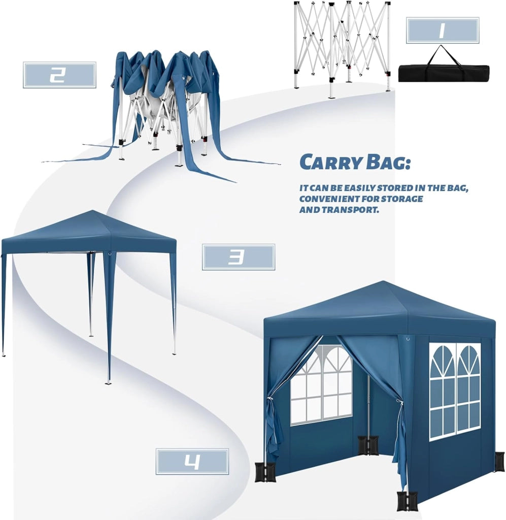 Gazebo da Giardino Richiudibile 2x2m Gazebo da Esterno in Ferro Regolabile in Altezza Tendone Pieghevole con Telo Idrorepellente,Set di 4 Sacchi di Sabbia, Facile da Montare Blu