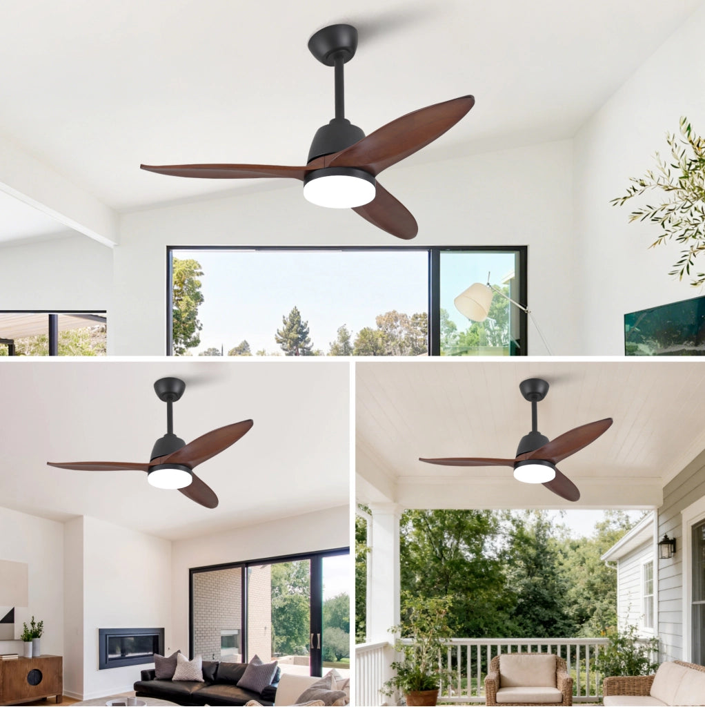 Ventilatore da soffitto moderno 42 pollici con LED; 3 pale in legno massello; nero e noce scuro