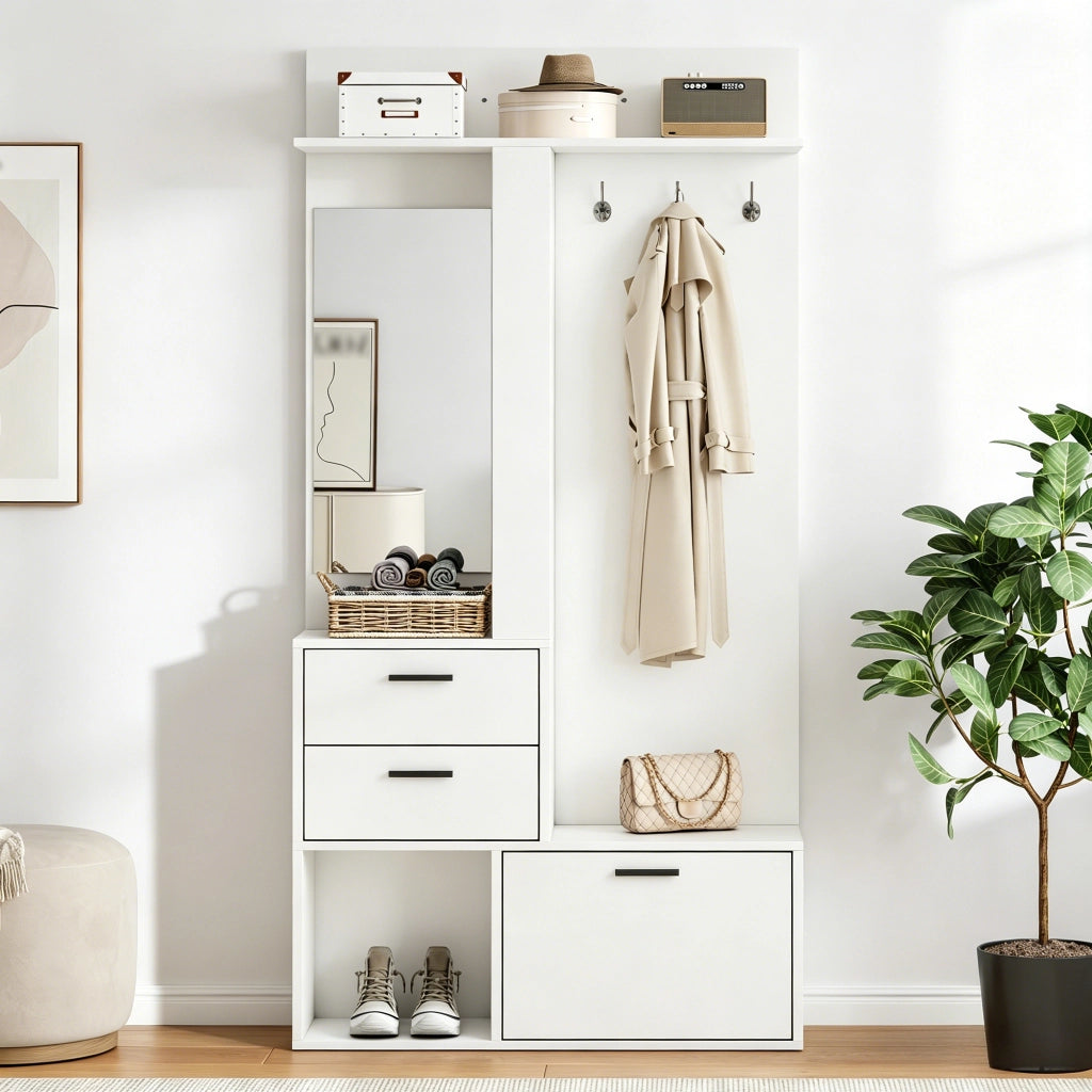 Mobile da ingresso con specchio, 2 cassetti, scarpiera ribaltabile, 3 ganci e ripiani in MDF bianco 90 × 30 × 180 cm
